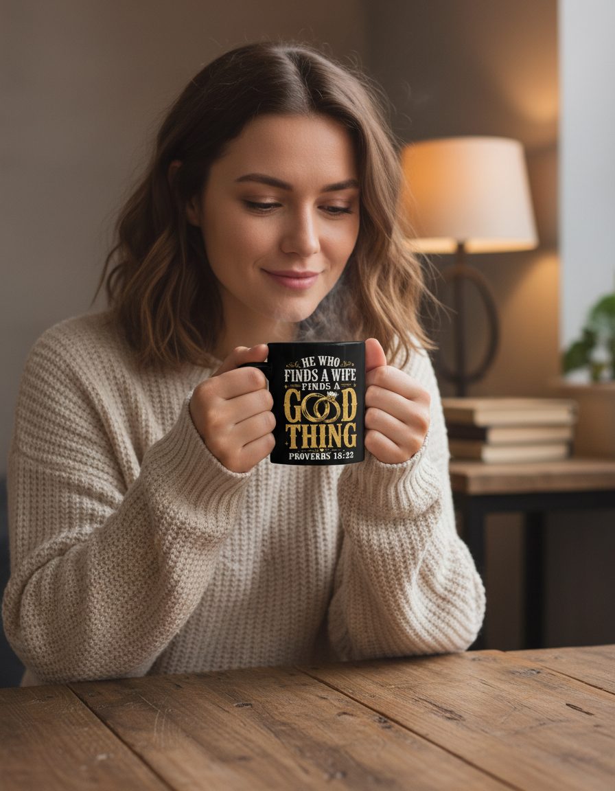 He Who Finds a Wife Finds a Good Thing Proverbs 18 22 Black Mug - lifestyle model mockup - Black