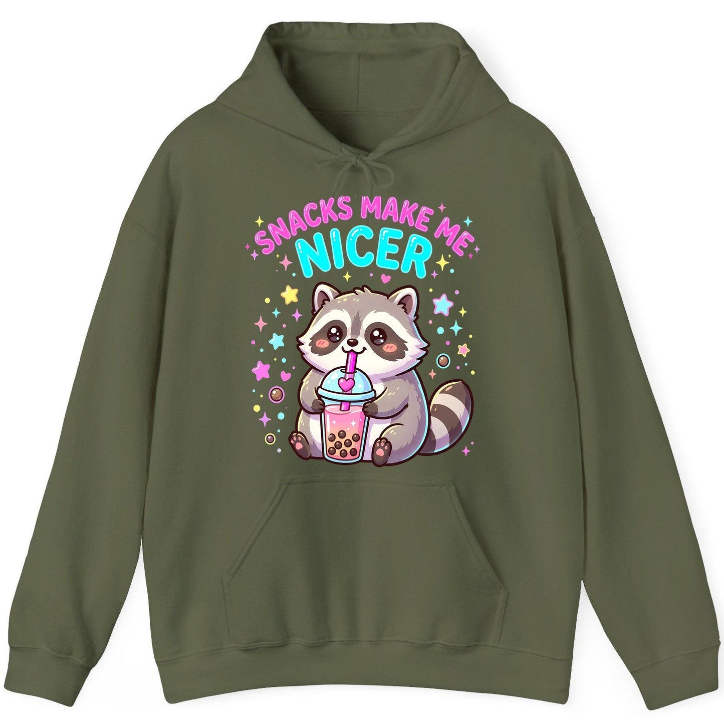 SNACKS MAKE ME NICER Funny Raccoon Hoodie - product mockup - Military Green