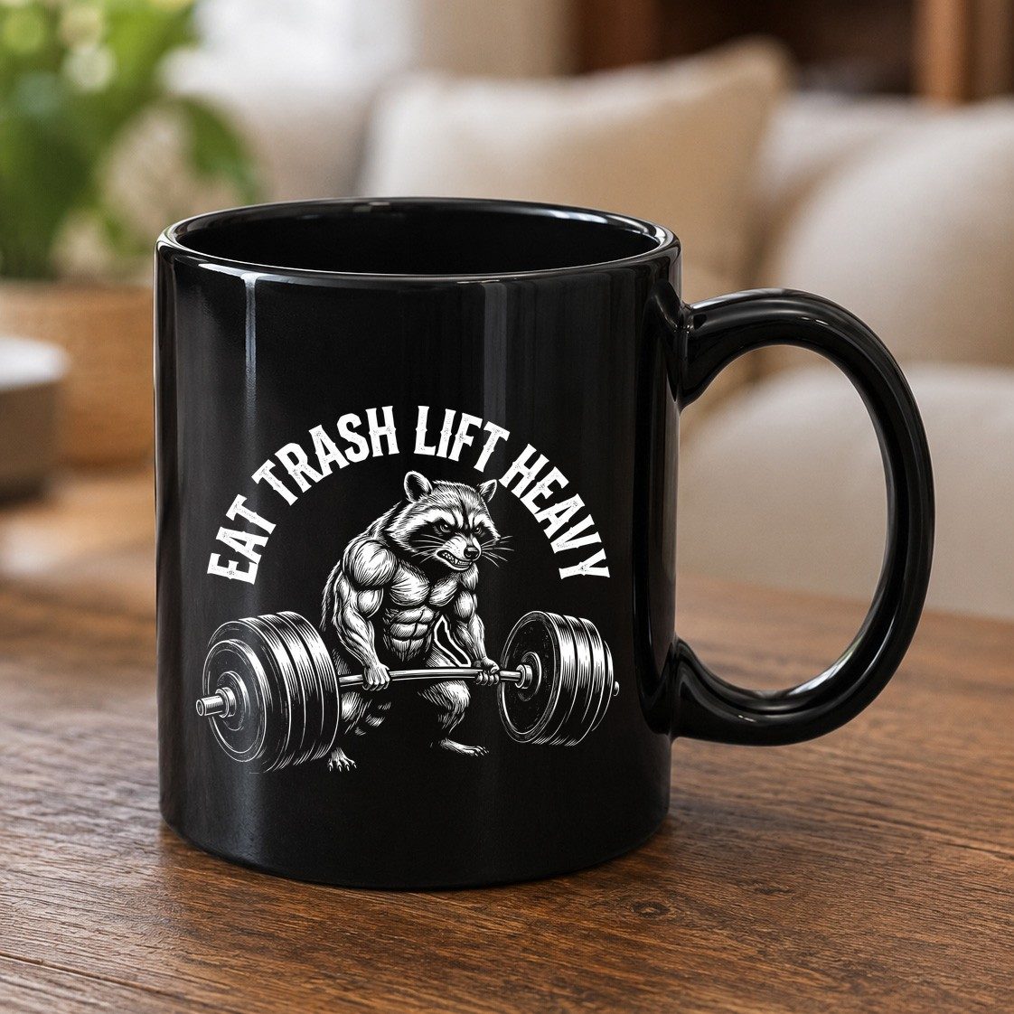 Eat Trash Lift Heavy raccoon Black Mug Black product mockup