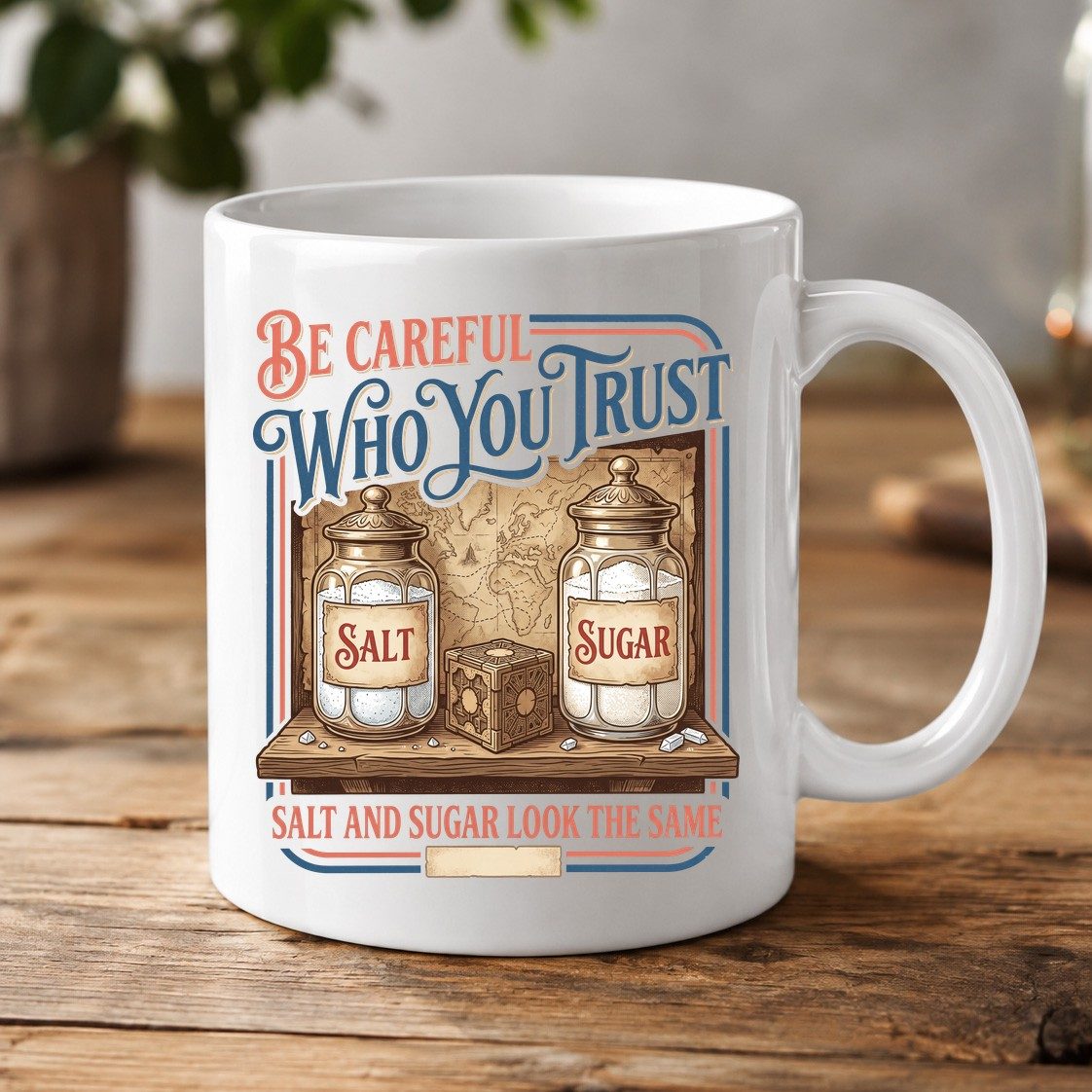 Be Careful Who You Trust Salt and Sugar Look the Same White Mug - product mockup - White
