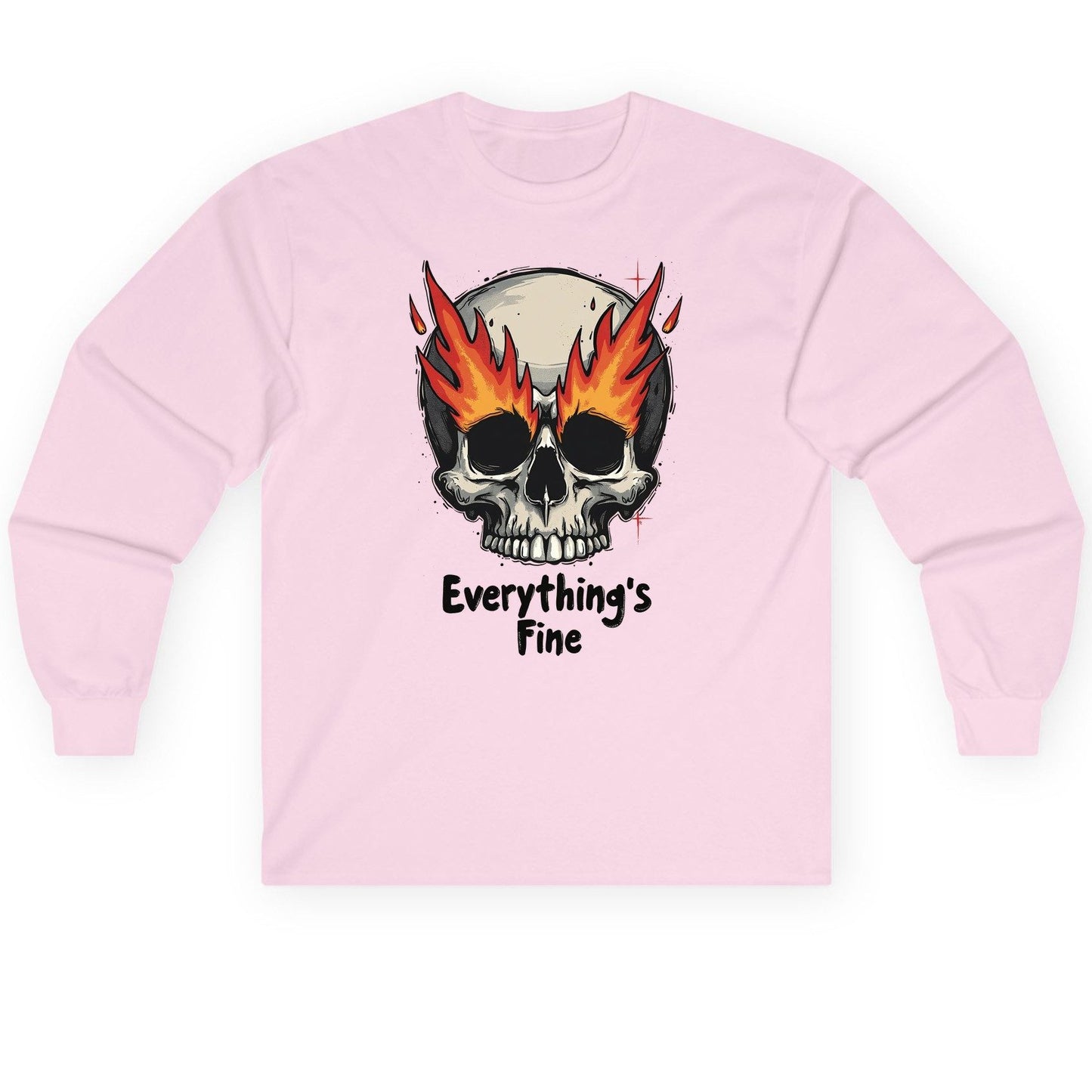 Everything's Fine flaming skull Long Sleeve Tee Light Pink product mockup