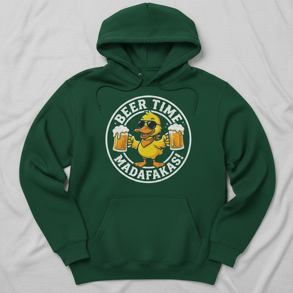 BEER TIME MADAFFAKAS! Funny Duck drinking beer Beer Time Madafakas Duck Hoodie - product mockup - Forest Green