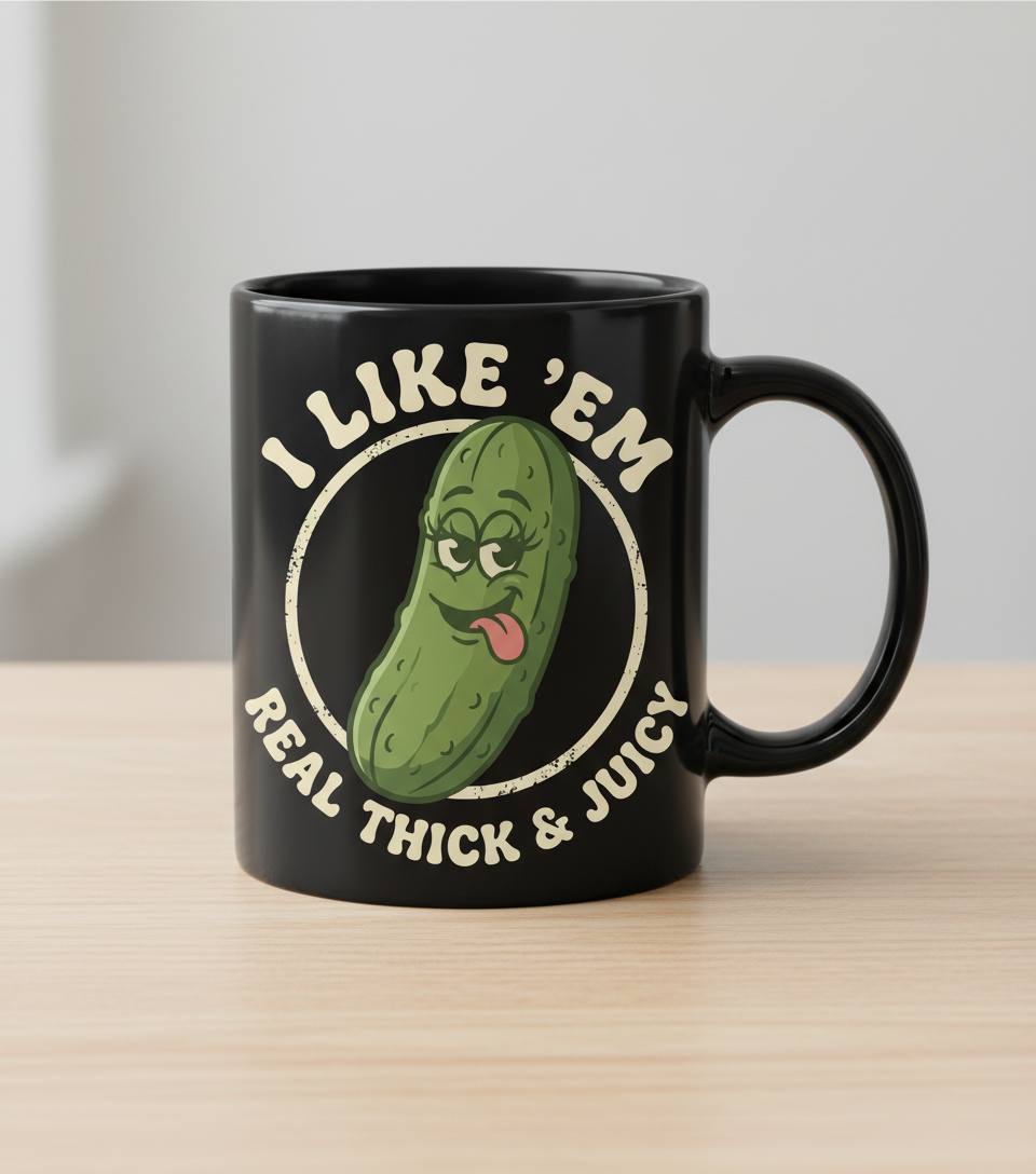 Funny Pickle 'I Like 'Em Real Thick & Juicy' Retro Design Black Mug - Black