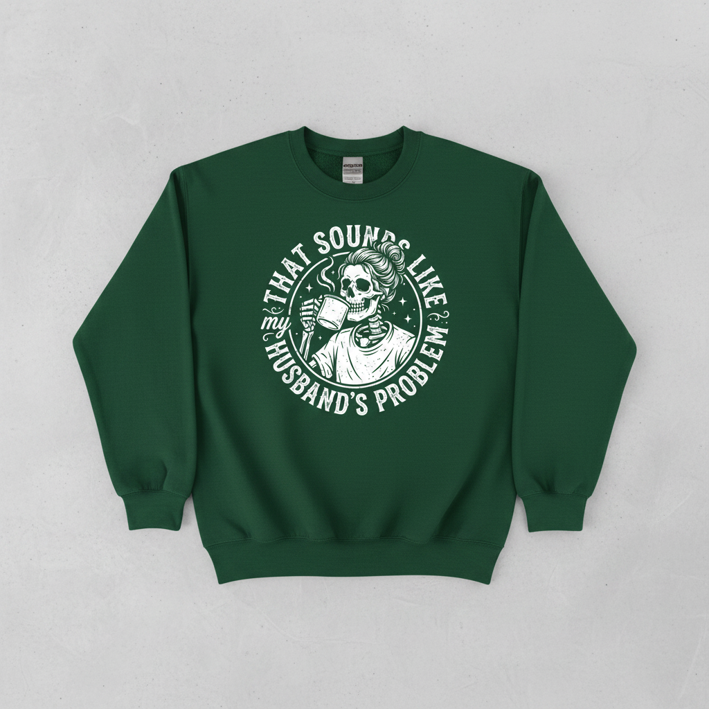 Skeleton Wife Drinking Coffee 'Husband's Problem' Design Sweatshirt - Forest Green