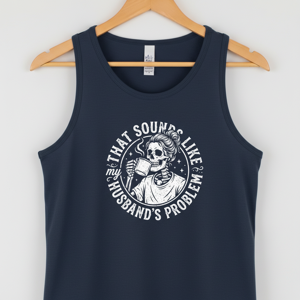 Skeleton Wife Drinking Coffee 'Husband's Problem' Design Tank Top - Navy