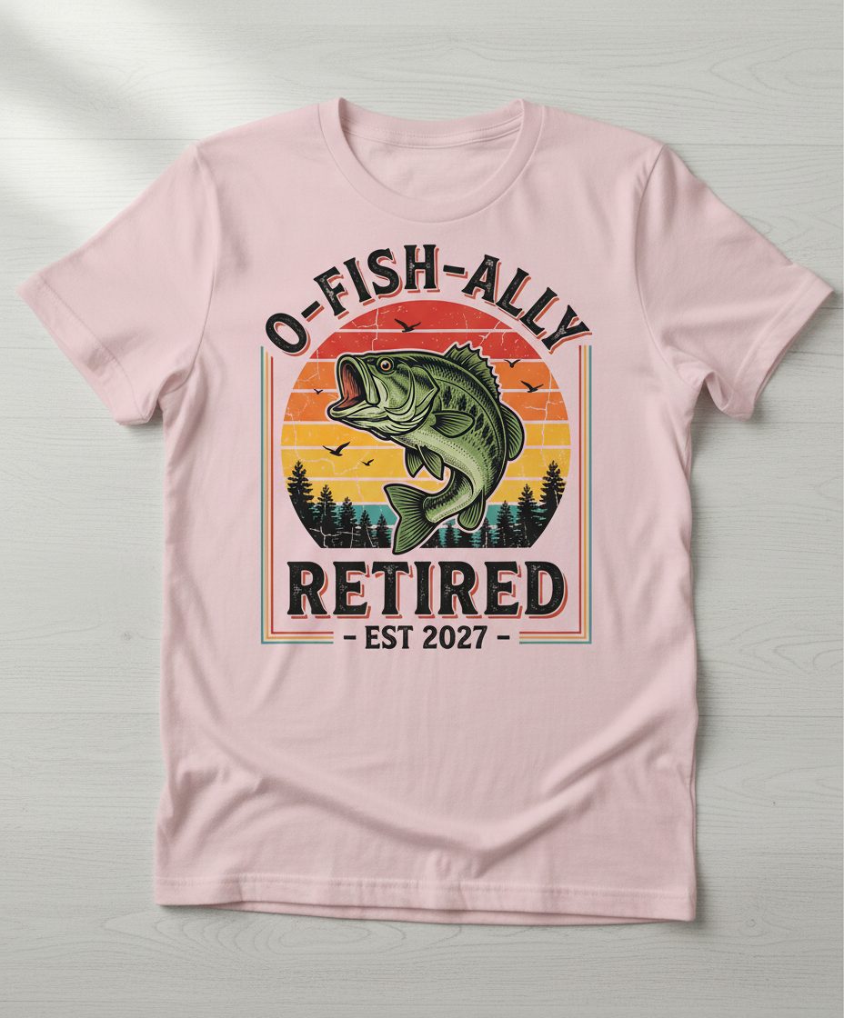 O-Fish-Ally Retired EST 2027 Funny Fishing T-Shirt - product mockup - Light Pink
