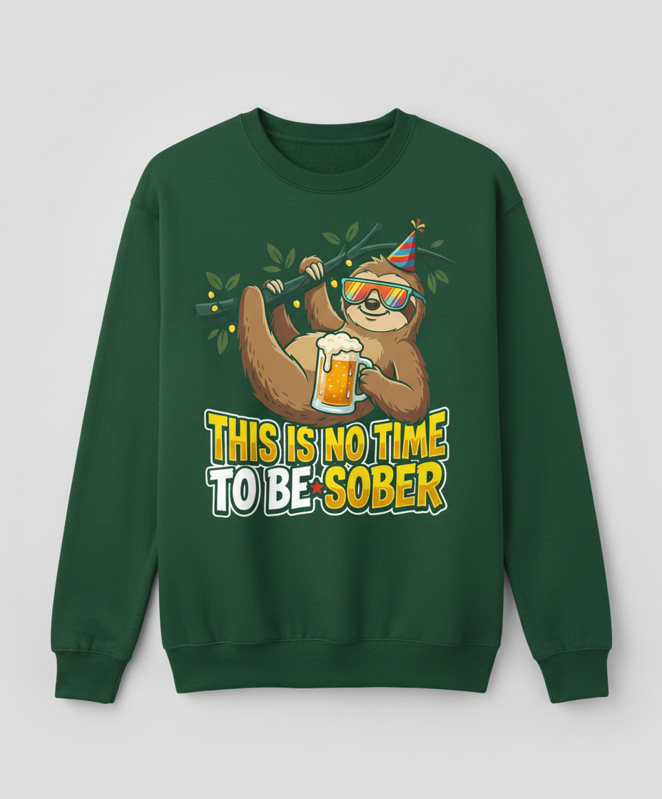 Funny Party Sloth Drinking Beer This Is No Time To Be Sober Sweatshirt - Forest Green