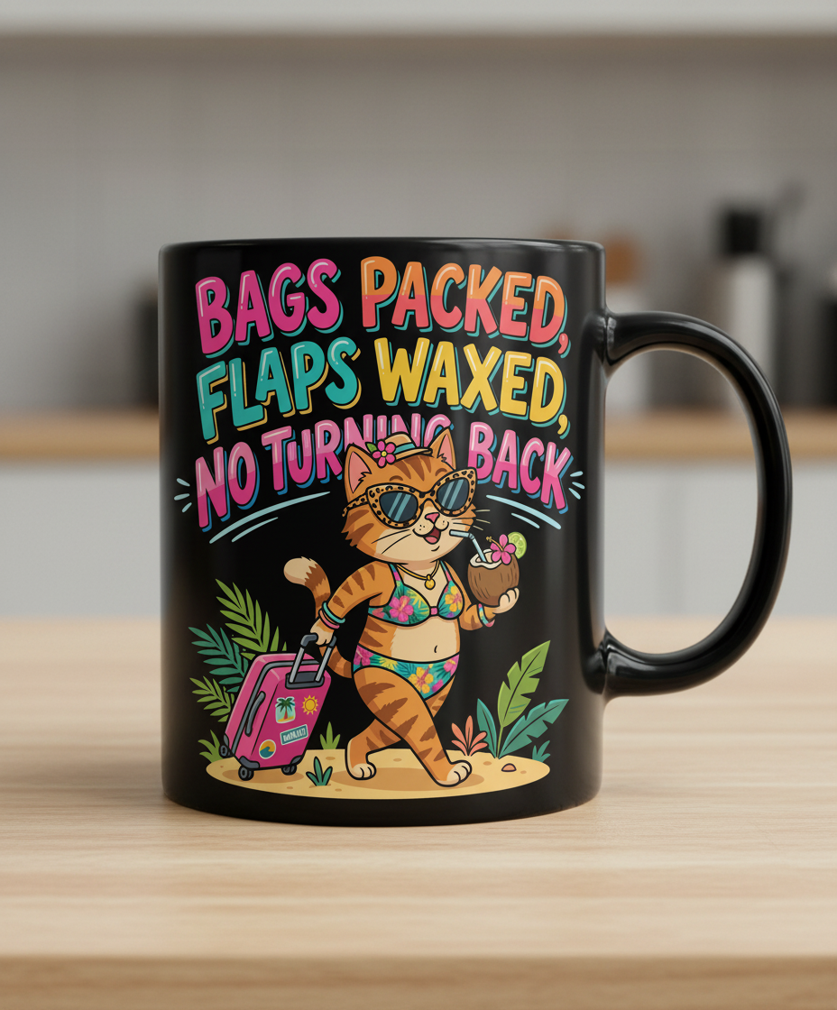 Funny Vacation Cat Bags Packed Flaps Waxed Black Mug - Black