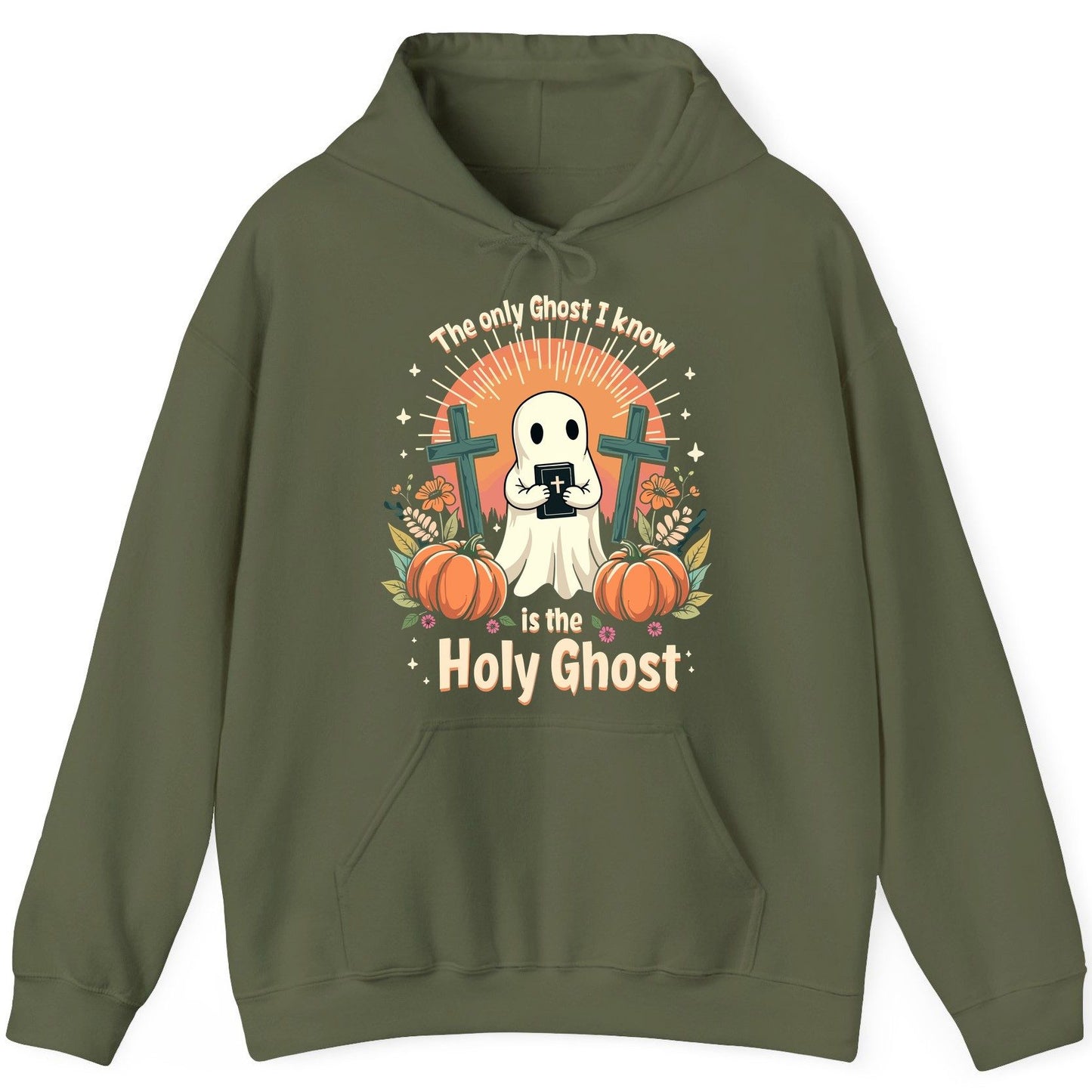 The Only Ghost I Know Is the Holy Ghost christian Halloween Hoodie Military Green product mockup