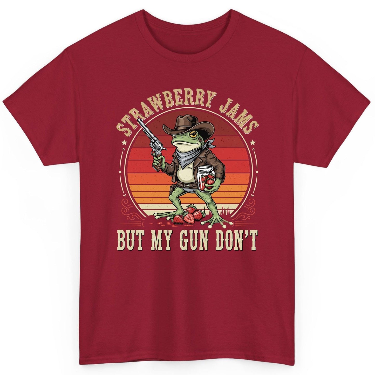 Strawberry Jams but My Gun Don't cowboy frog T-Shirt Cardinal Red product mockup