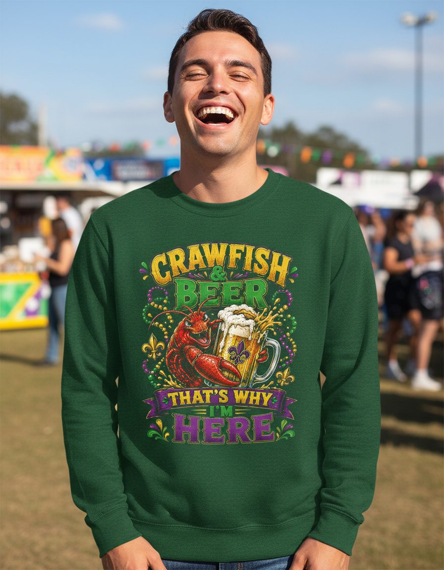 Crawfish & Beer That's Why I'm Here Funny Boil Sweatshirt - product mockup - Forest Green