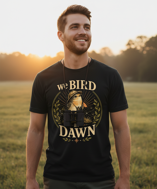 Funny We Bird At Dawn T-Shirt - lifestyle model mockup - Black