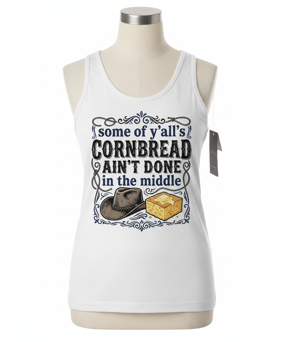 Cornbread Ain't Done In The Middle Funny Southern Quote Tank Top - White