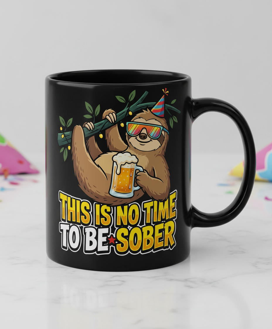Funny Party Sloth Drinking Beer This Is No Time To Be Sober Black Mug - Black