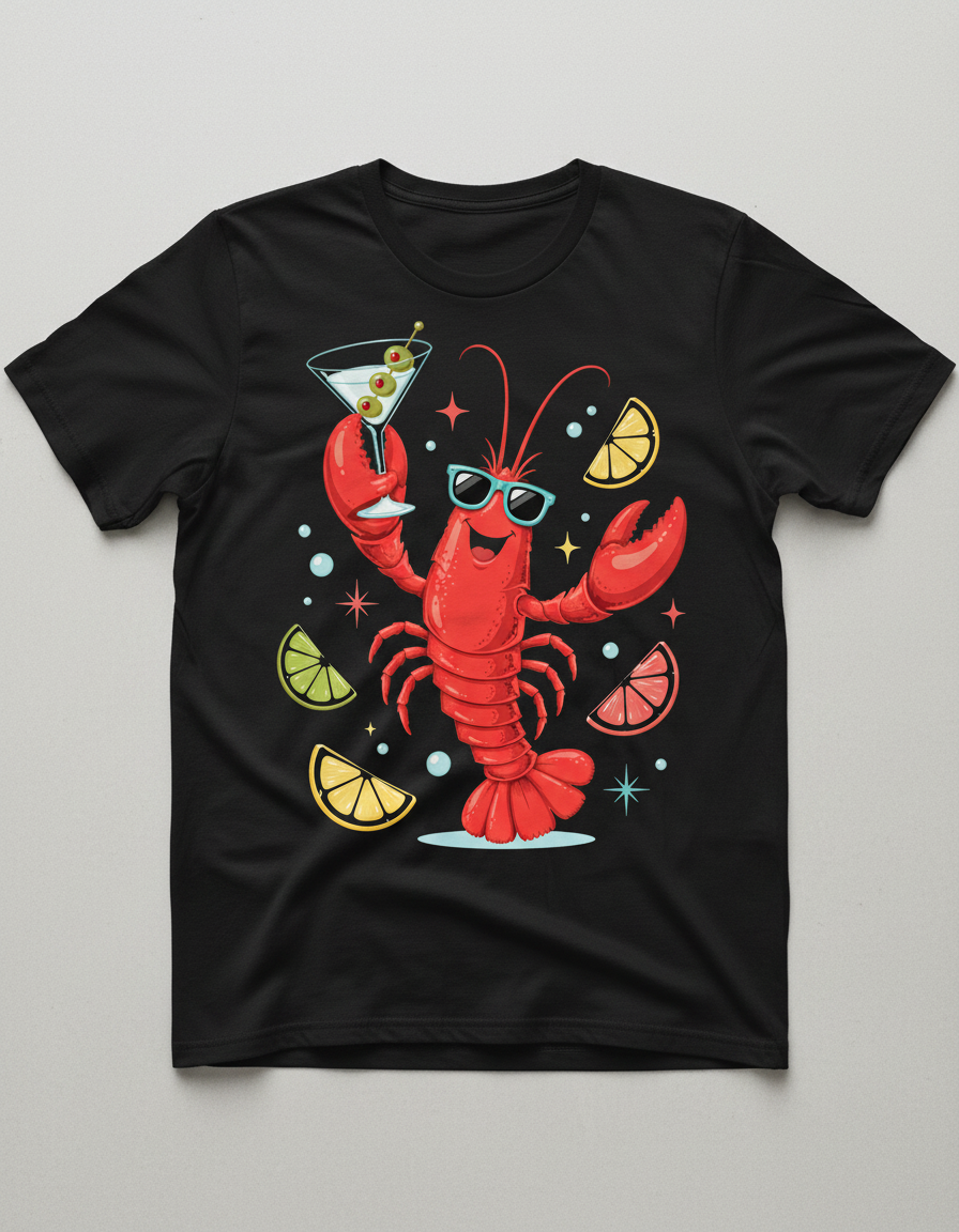 Party Lobster with Martini and Sunglasses T-Shirt - Black