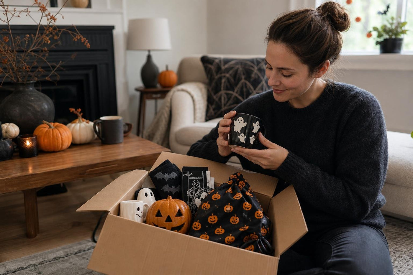 Woman unpacking a box of Halloween mugs and decorations in her living room