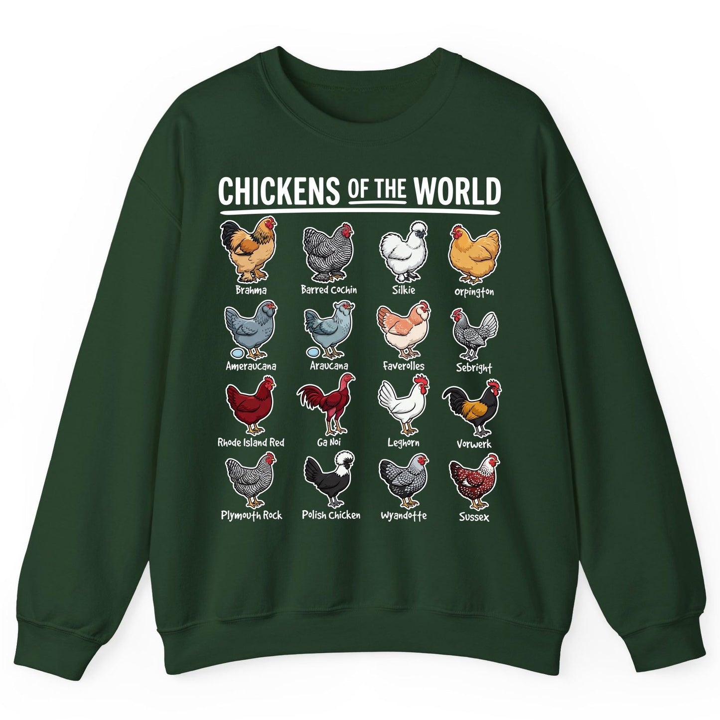 Chickens of the World chicken breeds Sweatshirt Forest Green product mockup