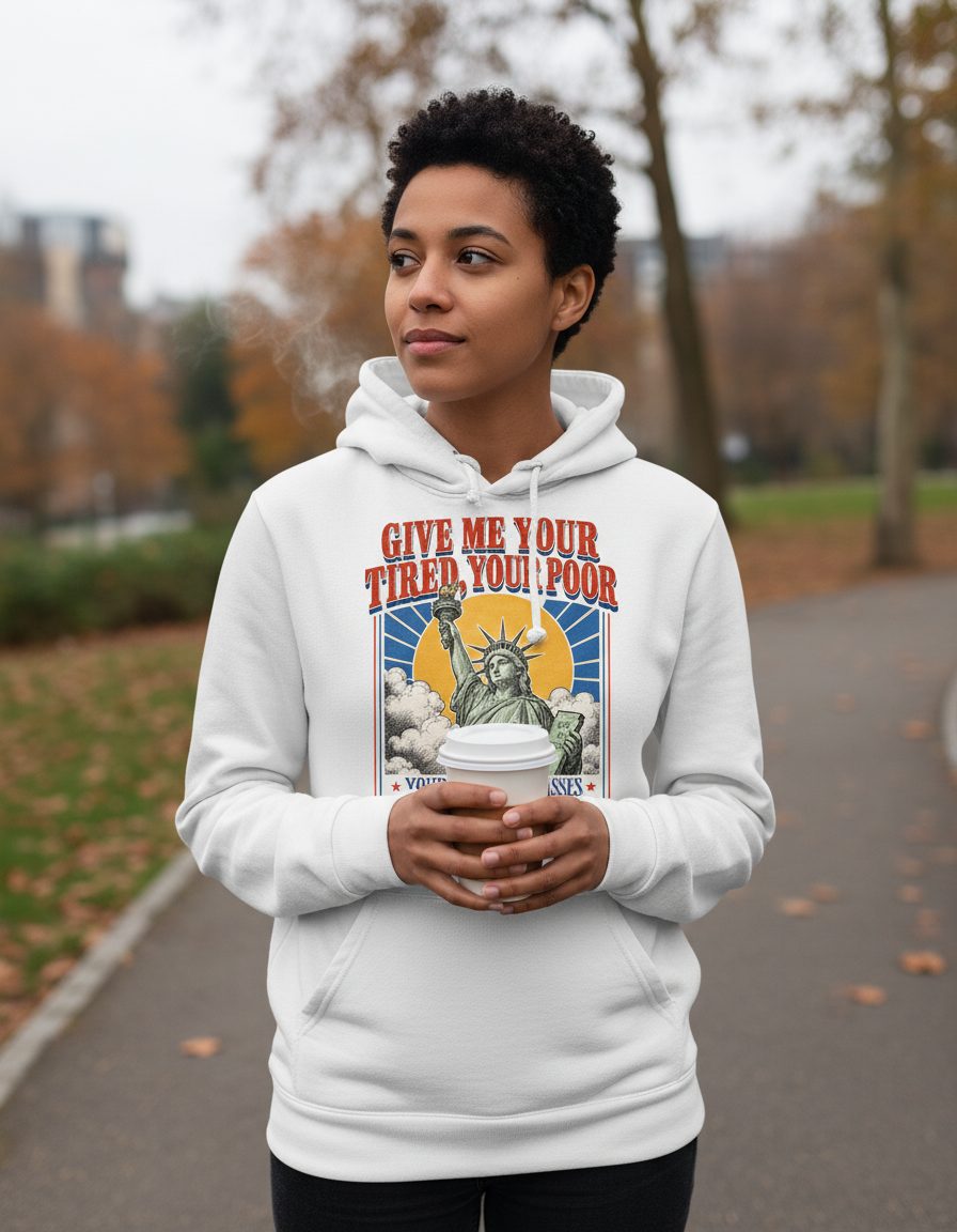 Give Me Your Tired Poor Patriotic Retro Statue of Liberty Hoodie - lifestyle model mockup - White