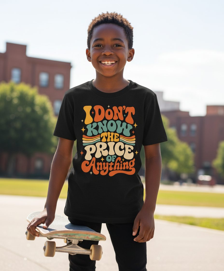 I DON'T KNOW THE PRICE OF Anything Youth T-Shirt - lifestyle model mockup - Black