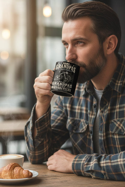Some Grandpas Take Naps Real Grandpas Ride Motorcycles (then Take a Nap) Funny Detailed Illustration of Classic Motorcycle with Distressed Texture in the Background Is Subtle Weathered American Flag Pattern Stars and Stripes Black Mug - lifestyle model mockup - Black