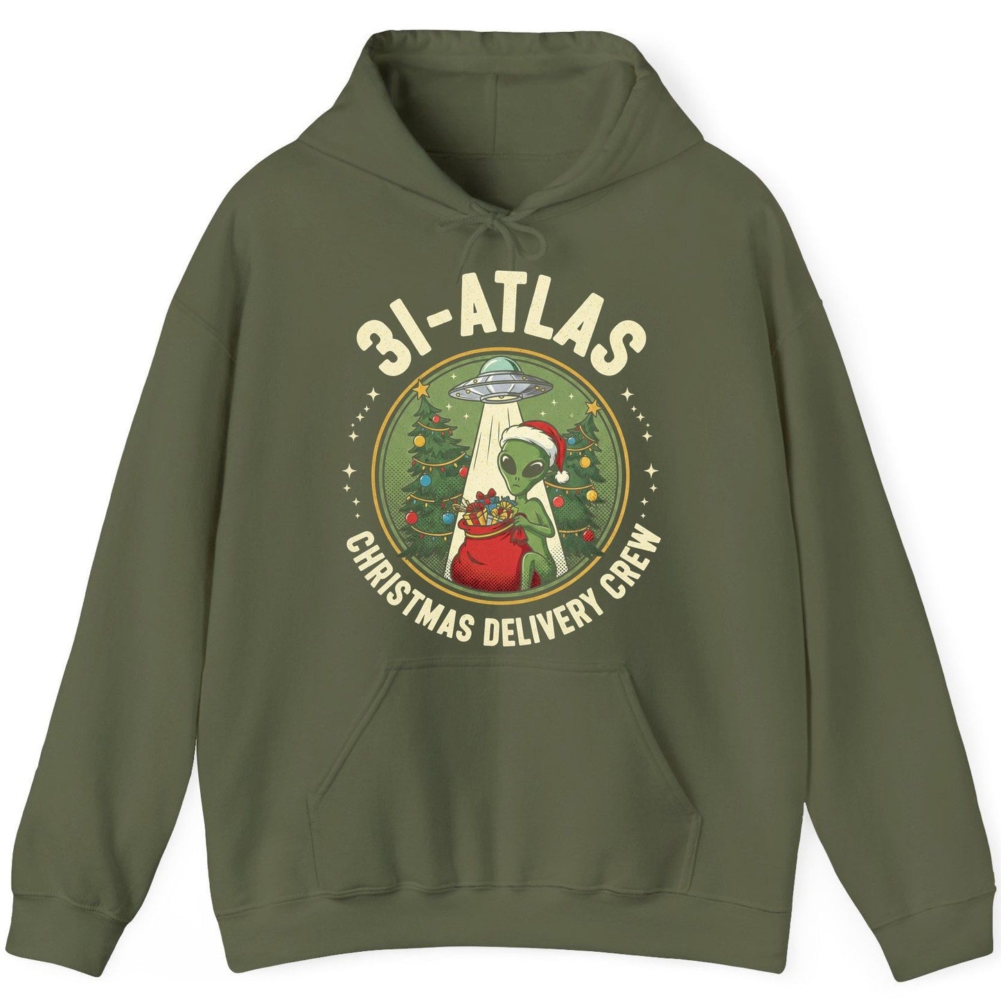 31-Atlas Christmas Delivery Crew alien Christmas Hoodie Military Green product mockup