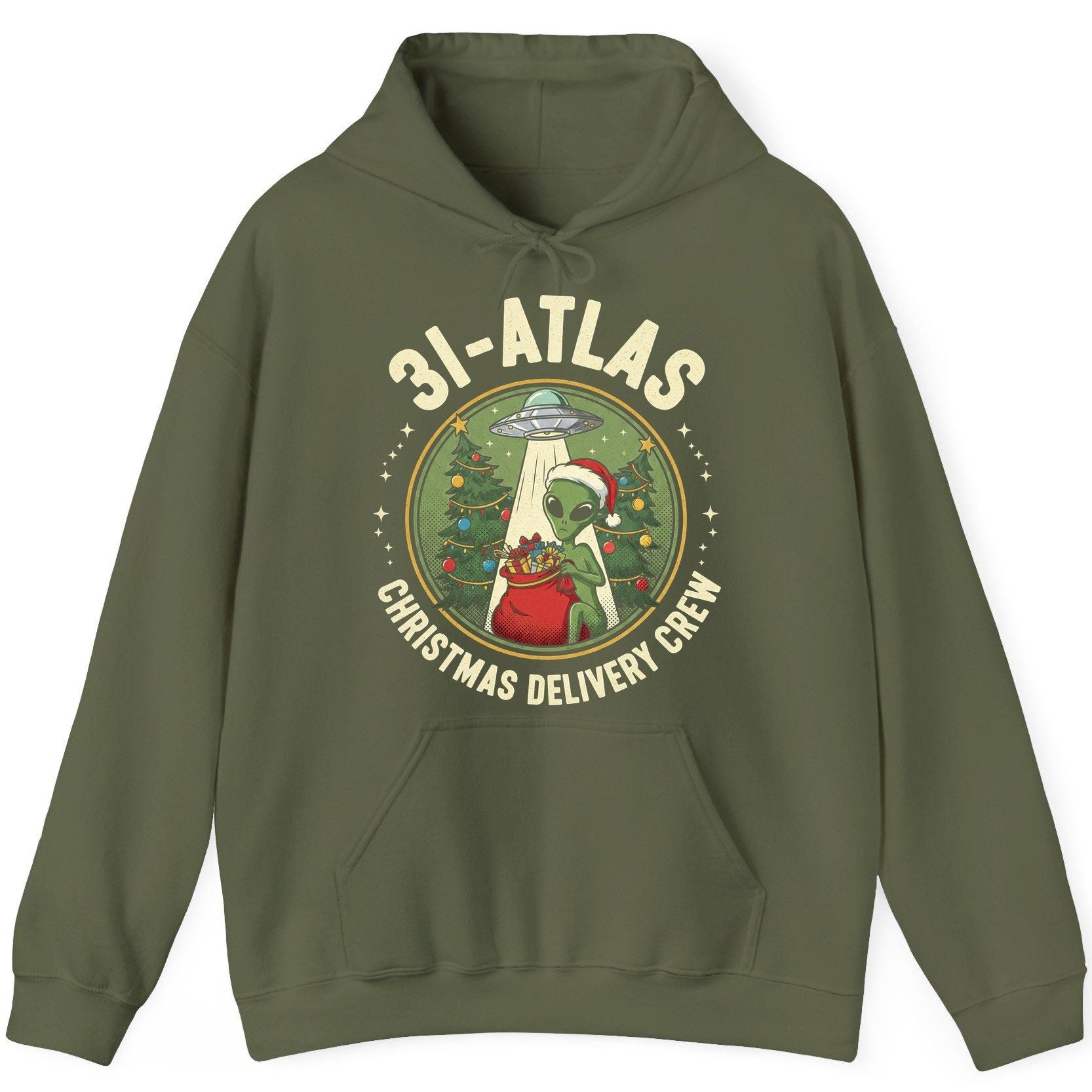 31-Atlas Christmas Delivery Crew alien Christmas Hoodie Military Green product mockup