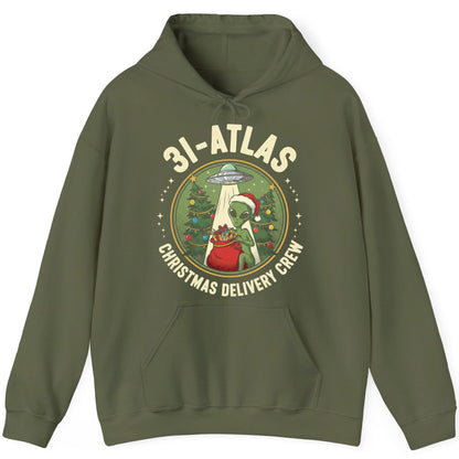 31-Atlas Christmas Delivery Crew alien Christmas Hoodie Military Green product mockup