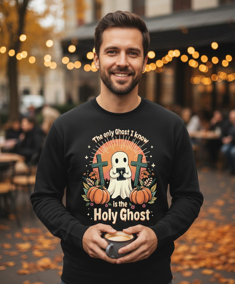 The Only Ghost I Know Is the Holy Ghost christian Halloween Sweatshirt Black lifestyle mockup