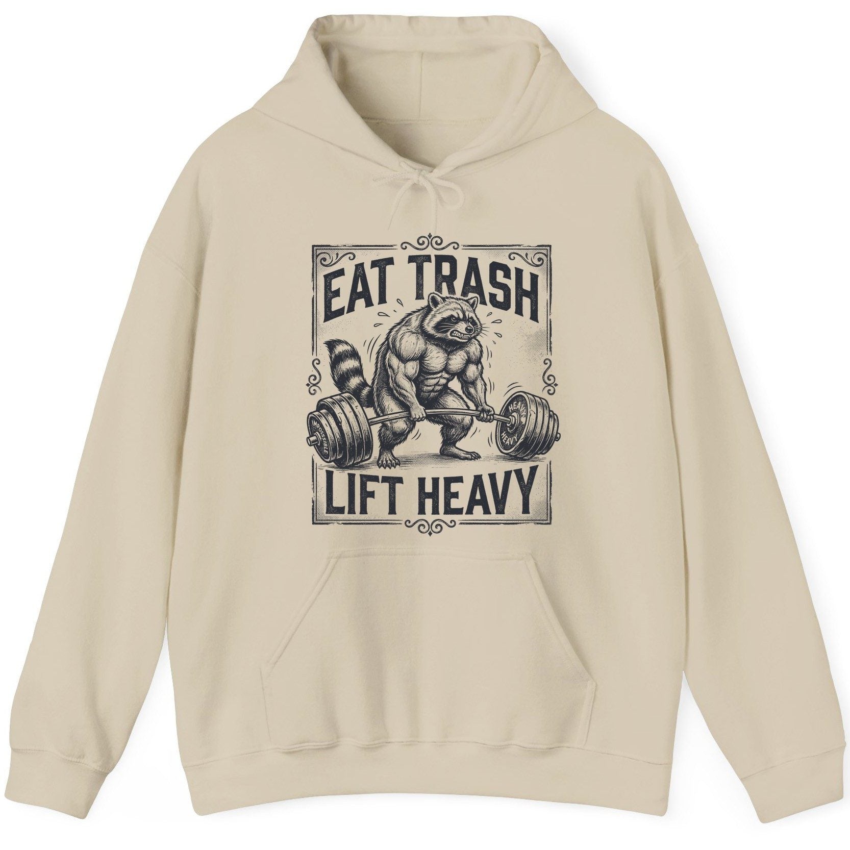 Eat Trash Lift Heavy raccoon Hoodie Sand product mockup