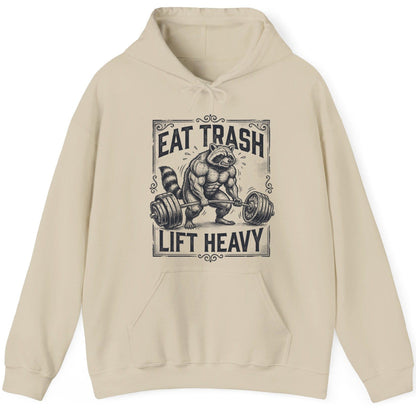 Eat Trash Lift Heavy raccoon Hoodie Sand product mockup
