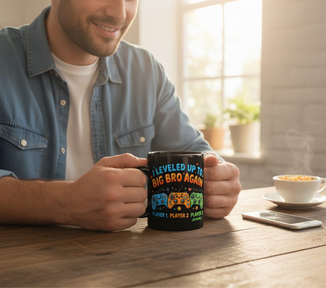 I Leveled UP TO BIG BRO AGAIN Brother Announcement Black Mug - lifestyle model mockup - Black