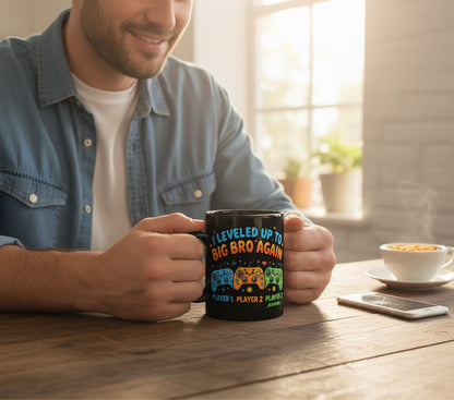 I Leveled UP TO BIG BRO AGAIN Brother Announcement Black Mug - lifestyle model mockup - Black