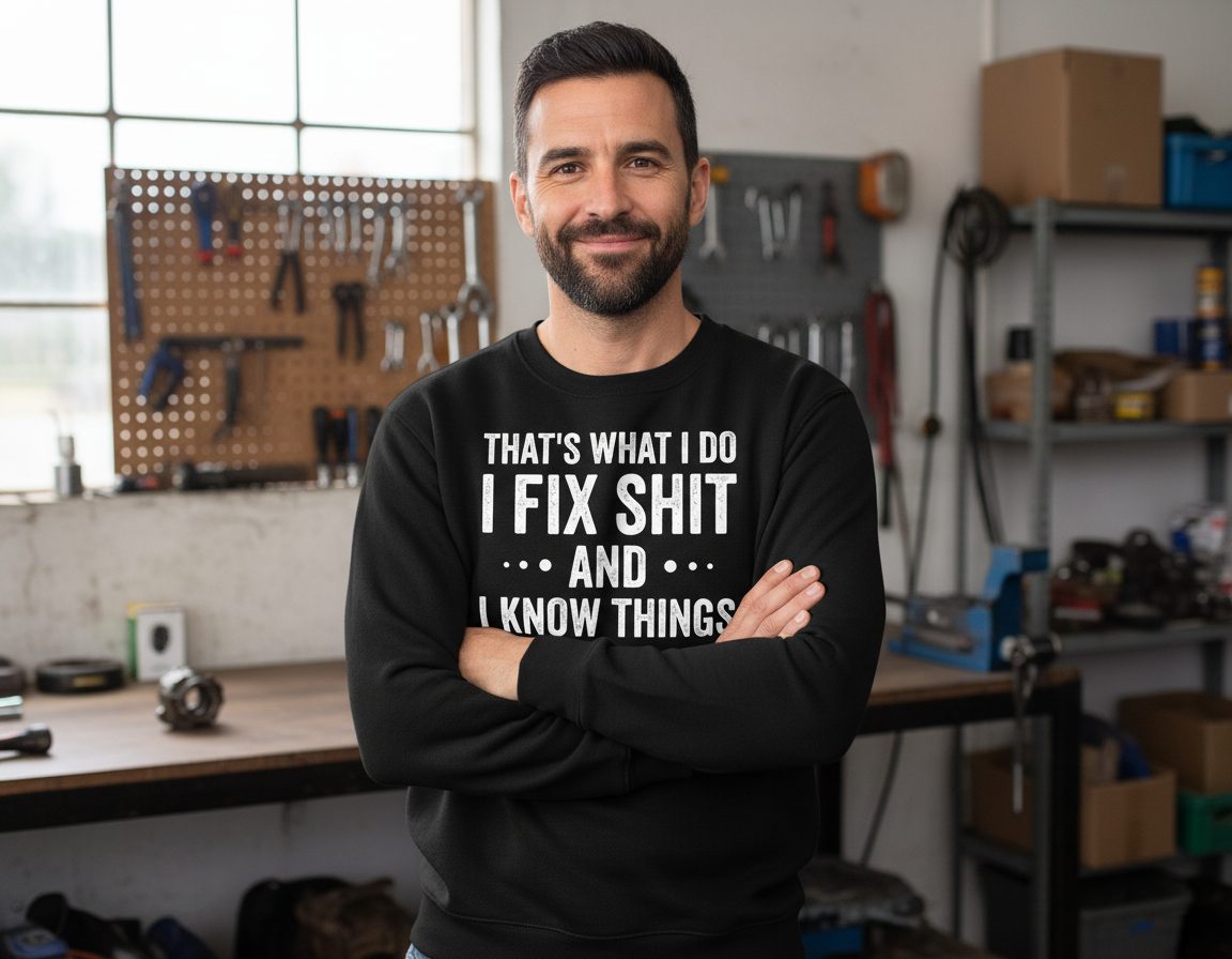 THAT'S WHAT I DO I FIX SHIT AND I KNOW THINGS Sweatshirt - lifestyle model mockup - Black