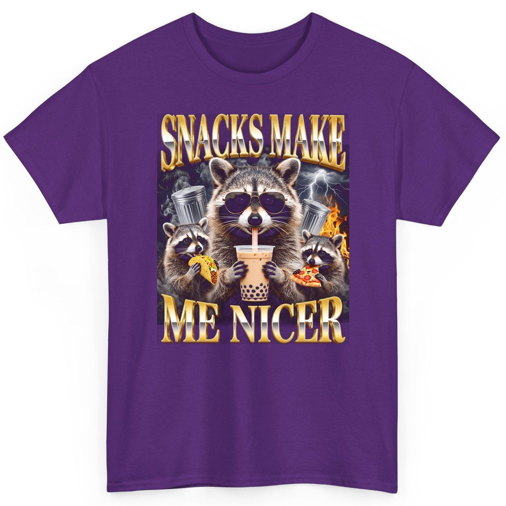 SNACKS MAKE ME NICER Funny Raccoon T-Shirt - product mockup - Purple