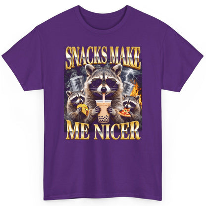 SNACKS MAKE ME NICER Funny Raccoon T-Shirt - product mockup - Purple