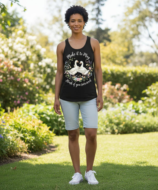 Make It to May Honk If You Survived Funny Geese Tank Top - lifestyle model mockup - Black