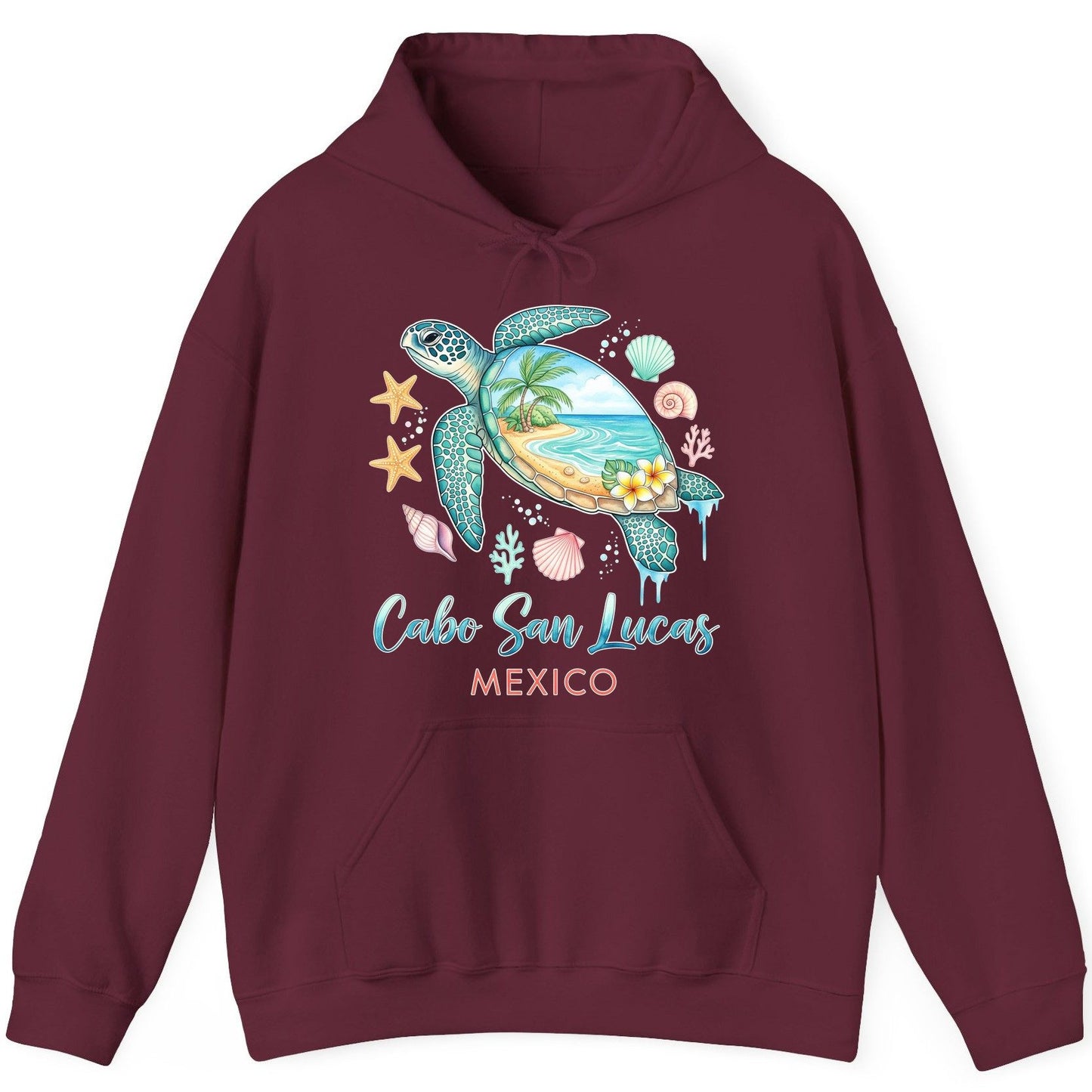 Cabo San Lucas Mexico sea turtle Hoodie Maroon product mockup