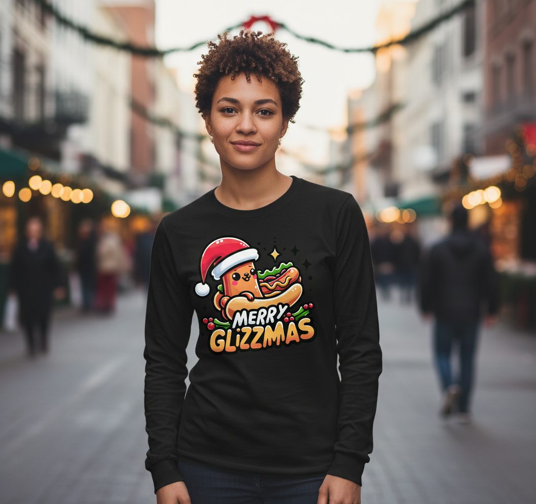 Merry Glizzmas hot dog Long Sleeve Tee Black lifestyle mockup