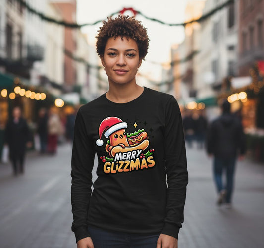 Merry Glizzmas hot dog Long Sleeve Tee Black lifestyle mockup