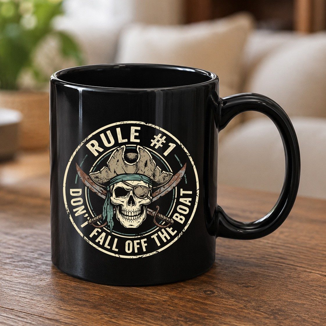 Rule 1 Don't Fall Off the Boat pirate Black Mug Black product mockup