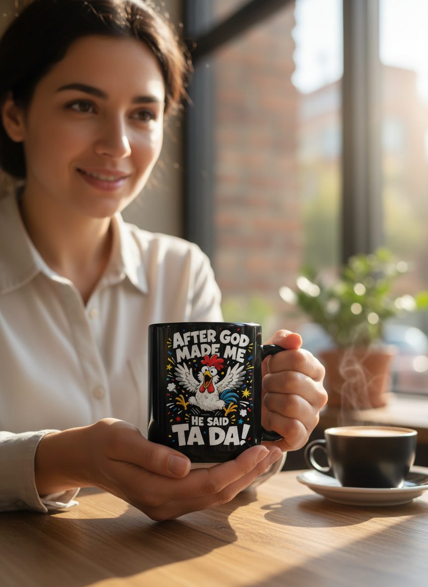 After God Made Me He Said Ta Da Funny Rooster Black Mug - lifestyle model mockup - Black