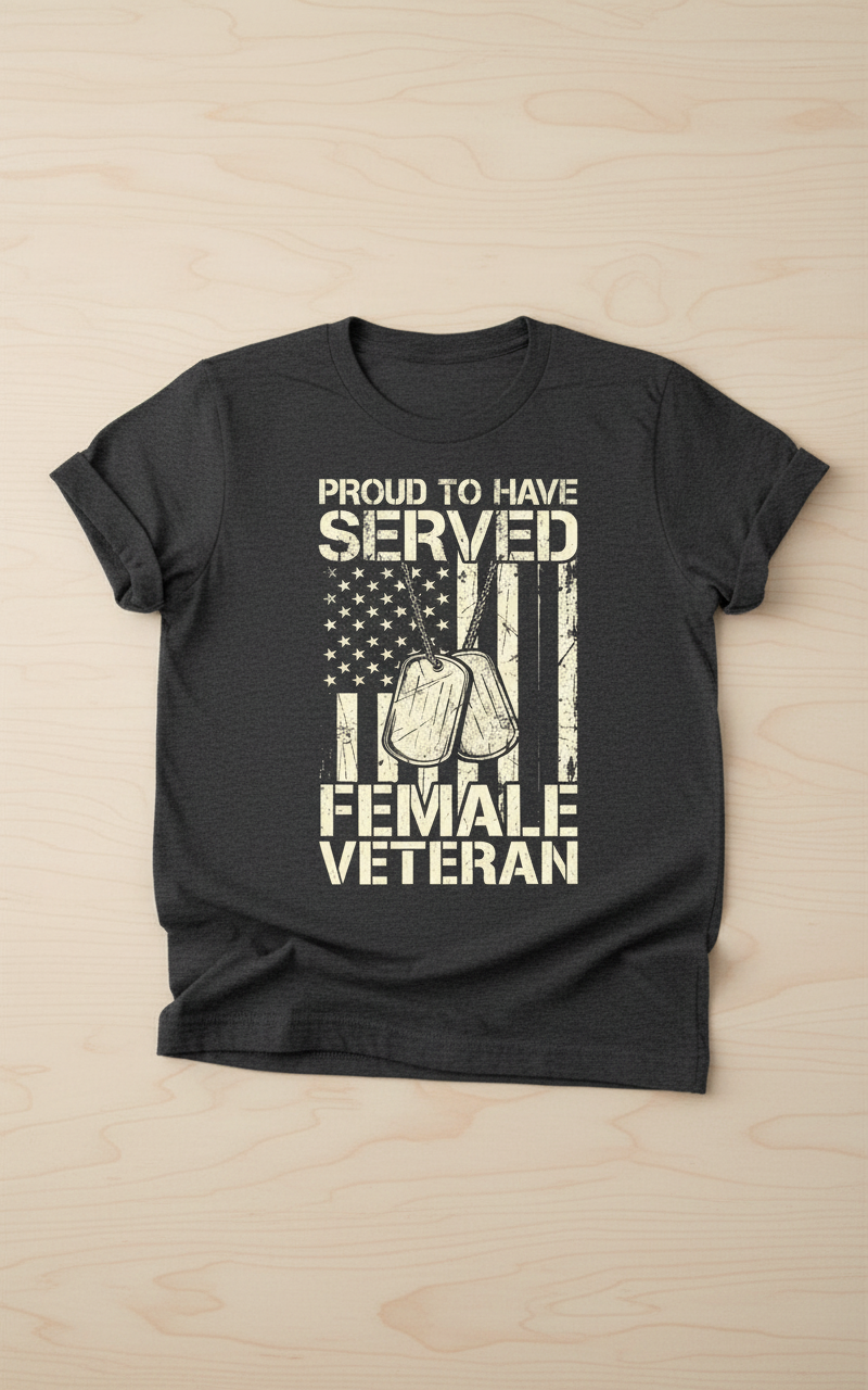 Proud Female Veteran American Flag Dog Tags Design T-Shirt - Dark Heather