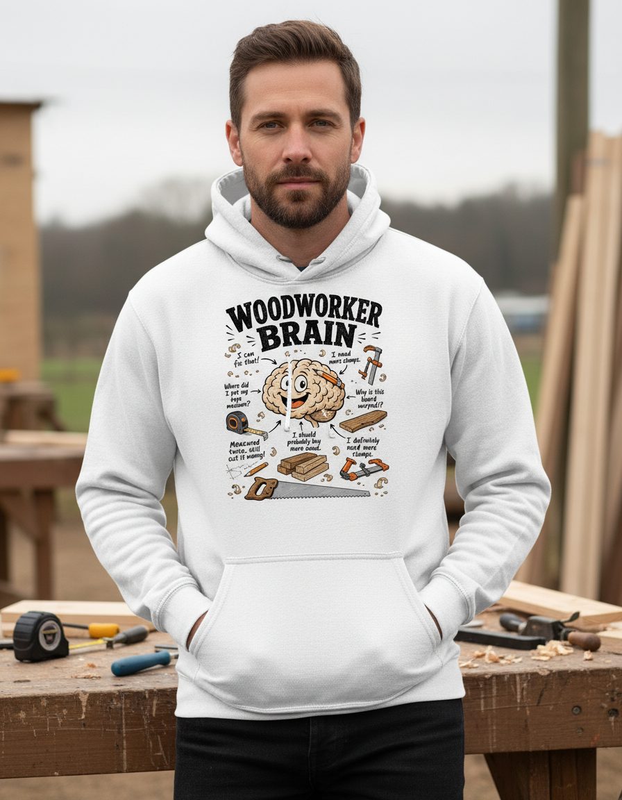 Woodworker Brain Funny Woodworking Hoodie - lifestyle model mockup - White