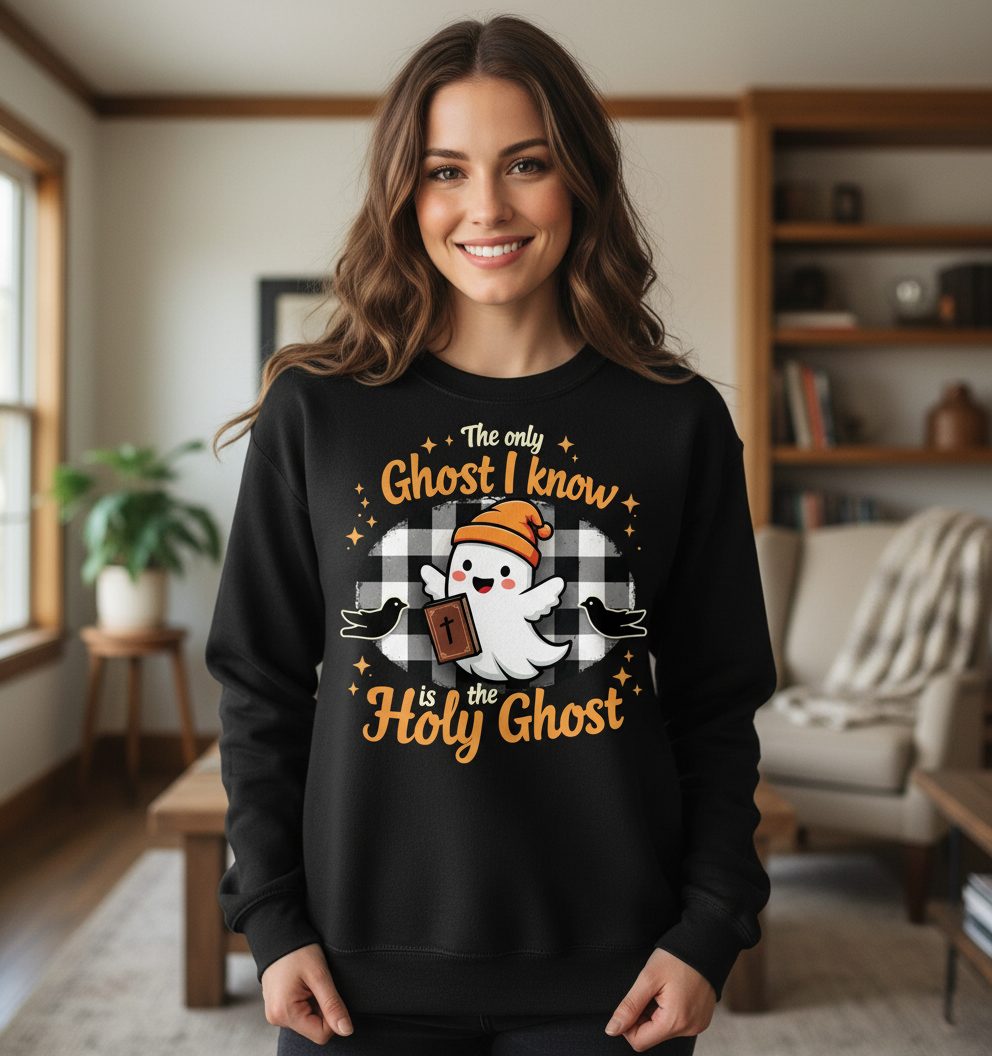 The Only Ghost I Know Is the Holy Ghost christian Halloween Sweatshirt Black lifestyle mockup