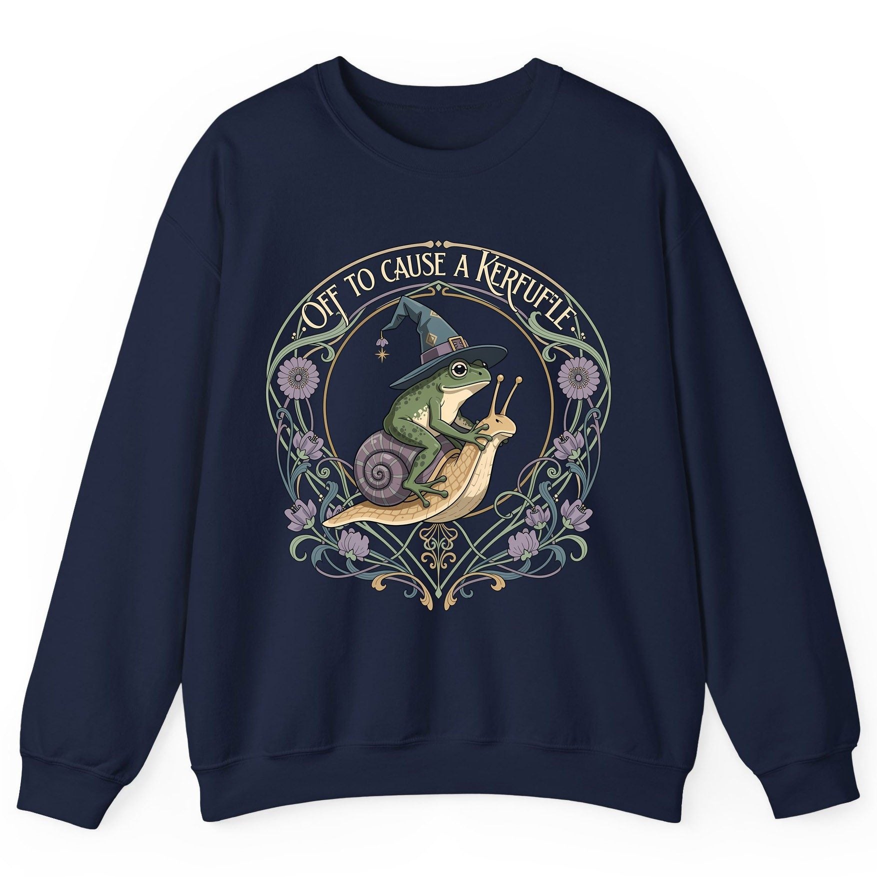 Off to Cause a Kerfuffle frog riding a snail Sweatshirt Navy product mockup