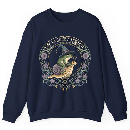 Off to Cause a Kerfuffle frog riding a snail Sweatshirt Navy product mockup