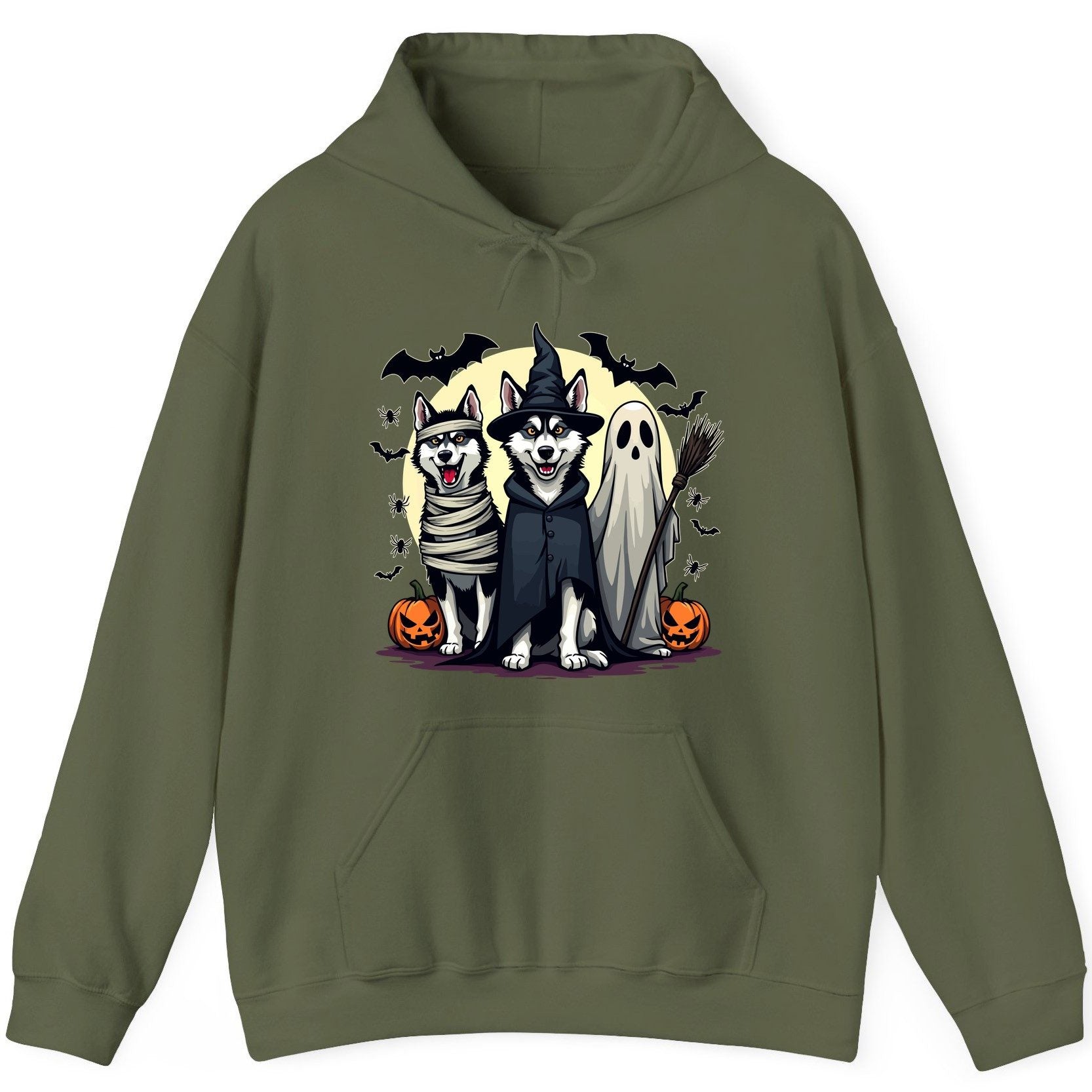 Halloween Huskies in Costumes Halloween huskies Hoodie Military Green product mockup