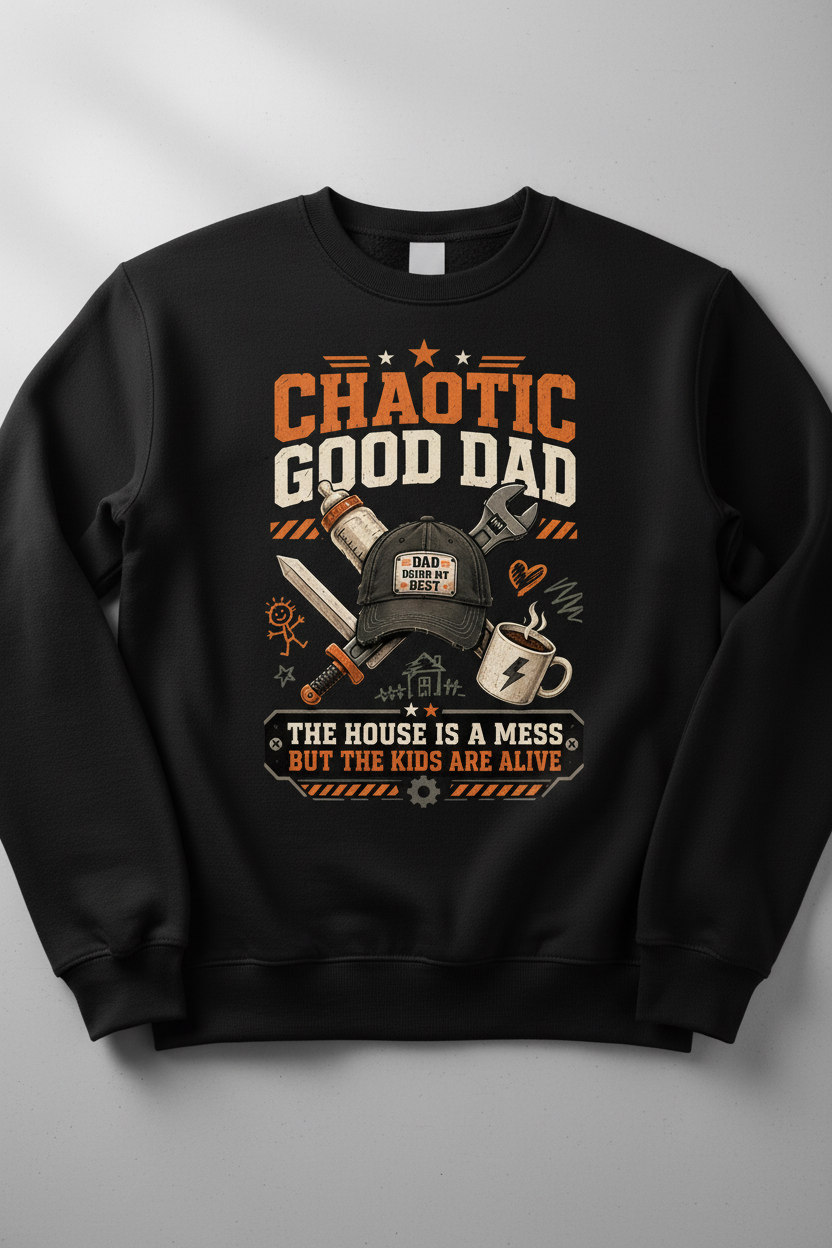 Chaotic Good Dad. The House Is A Mess But The Kids Are Alive. Funny Chaotic Good Dad Sweatshirt - product mockup - Black