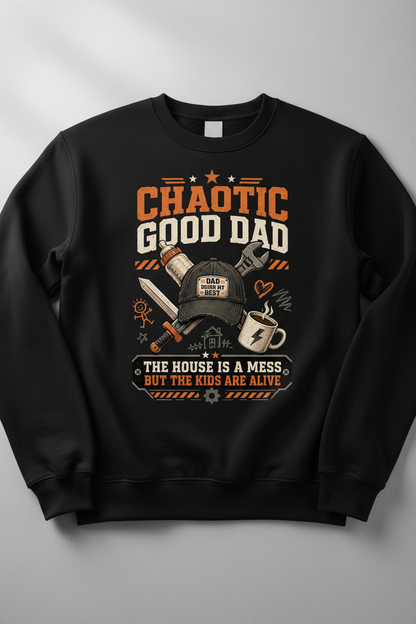Chaotic Good Dad. The House Is A Mess But The Kids Are Alive. Funny Chaotic Good Dad Sweatshirt - product mockup - Black