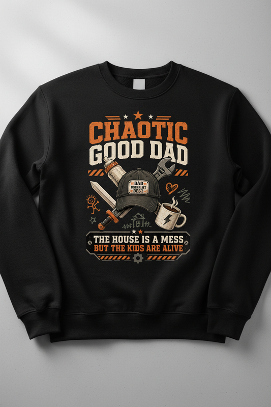 Chaotic Good Dad. The House Is A Mess But The Kids Are Alive. Funny Chaotic Good Dad Sweatshirt - product mockup - Black